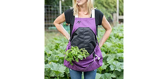 Roo Garden Apron - Garden, Kitchen and Harvest Smock with Bib, Storage Pockets and Canvas Collection Pouch - Womens 1 Size Fits all - Cotton Canvas, Machine Washable - Purple Orchid