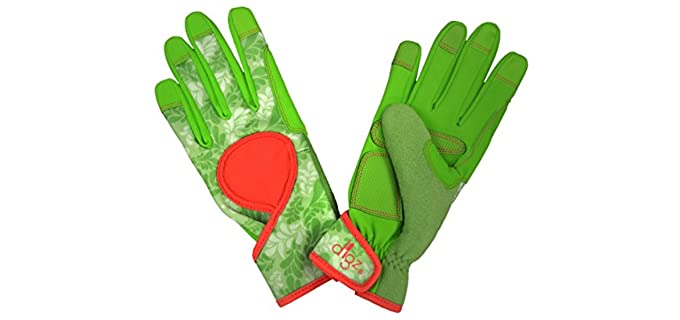 digz Women's Signature High Performance Women's Gardening and Work Gloves with Touchscreen Compatible Fingertips, Green Leaves Pattern, Medium