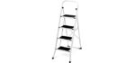 Delxo Folding 4 Step Ladder with Convenient Handgrip Anti-Slip Sturdy and Wide Pedal 330lbs Portable Steel Step Stool White and Black 4-Feet