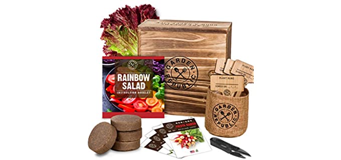Indoor Garden Vegetable Seed Starter Kit - Rainbow Salad Grow Kit, Non GMO Heirloom Seeds for Planting, Wood Planter Box, Soil, Pots, Plant Markers, DIY Home Gardening Gifts for Plant Lovers