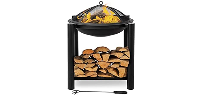 Bonnlo Fire Pit Outdoor Wood Burning Firepit Bowl with Firewood Rack and Mesh Screen for Outside/Back Yard/Camping/Porch/Deck/Patio, 24-Inch,Black