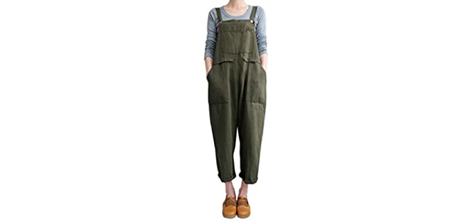 Gihuo Women's Baggy Cotton Overalls Jumpsuit with Pockets (Army Green, Medium)