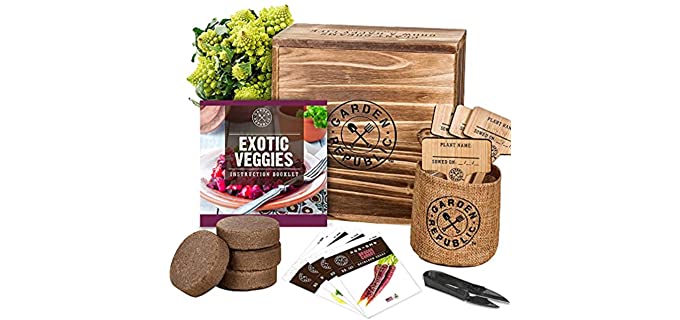Indoor Vegetable Garden Starter Kit with Exotic Vegetable Seeds- 4 Non-GMO Heirloom Seeds for Planting, Soil, Pots, Plant Markers, Trimmers, Wood Planter Box, DIY Veggie Growing Kit, Gardening Gifts