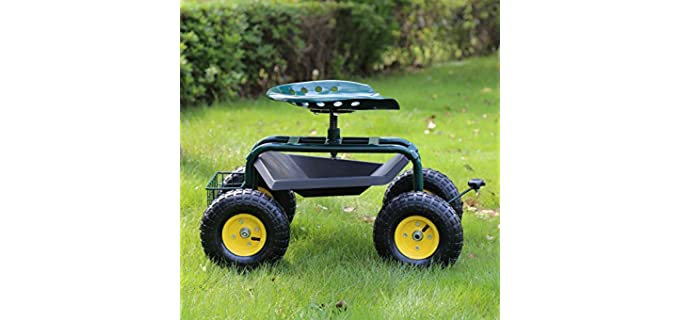 Kinbor Garden Cart Rolling Work Seat with Wheels Tool Tray