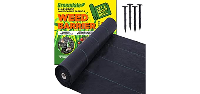 Greendale - 3ft x 100ft Roll - Plus 100 Garden Stakes - 5.4 oz of Premium Quality Landscape Weed Barrier Fabric - Heavy Duty and Perfect for Gardens, Landscaping, Ground Cover and Dirt Liners