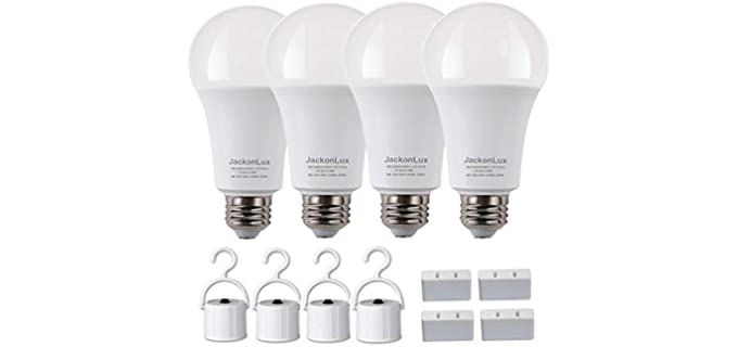 Rechargeable Emergency Light Bulb JackonLux UL Listed Battery Operated Light Bulb Power Outage Camping Reading Lighting Hurricane 9W 850 Lumens Soft White 3000K E26 120 Volt 4-Pack