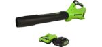 Greenworks 24V Brushless Axial Blower (110 MPH / 450 CFM), 4Ah USB Battery and Charger Included