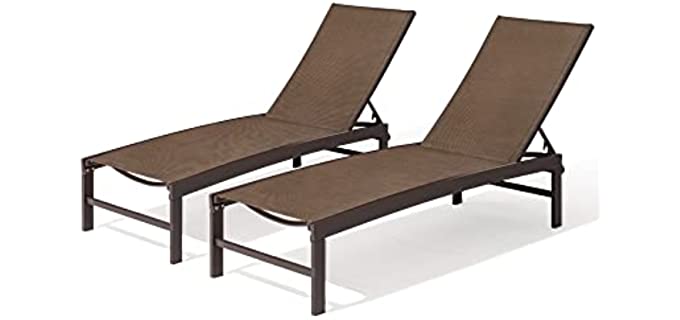 Crestlive Products Aluminum Adjustable Chaise Lounge Chair Outdoor Five-Position Recliner, Curved Design, All Weather for Patio, Beach, Yard, Pool (2PCS Brown)