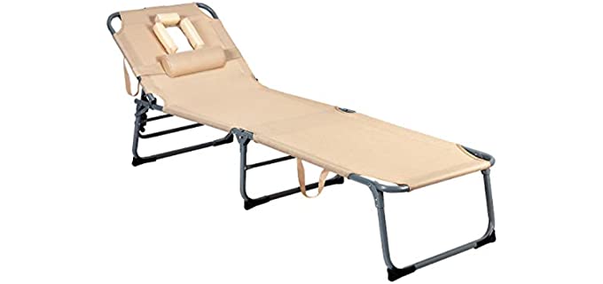 Goplus Patio Lounge Chair, Adjustable Folding Tanning Chair with Face Hole and Removable Pillow, Lightweight Portable Sunbathing Recliner for Pool Beach Lawn (Khaki)