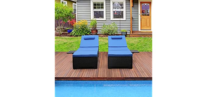 Outdoor PE Wicker Chaise Lounge - 2 Piece Patio Black Rattan Reclining Chair Furniture Set Beach Pool Adjustable Backrest Recliners with Royal Blue Cushions