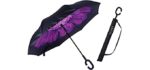 Umbrella,Large Double Layer Inverted Big C-Shaped Handle Reverse Long Umbrellas (purple flower)