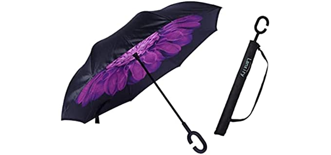 Umbrella,Large Double Layer Inverted Big C-Shaped Handle Reverse Long Umbrellas (purple flower)