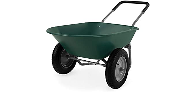 Best Choice Products Dual-Wheel Home Utility Yard Wheelbarrow Garden Cart w/Built-in Stand for Lawn, Gardening, Grass, Soil, Bricks, and Construction, Green