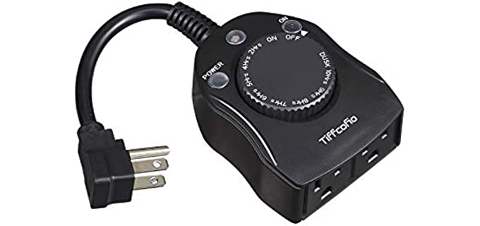 TiFFCOFiO Outdoor Timer Outlet, Dusk to Dawn Sensor Timer, Outdoor Light Timer for Electrical Outlet Weatherproof, 2 Grounded Outlets for Home and Garden, 15A 1/2HP, CSA Listed