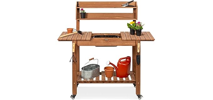 Best Choice Products Mobile Garden Potting Bench, Outdoor Wood Workstation Table w/Sliding Tabletop, 4 Locking Wheels, Food Grade Dry Sink, Storage Shelves - Brown
